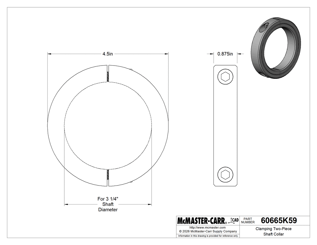Technical Drawing of Clamping Two-Piece Shaft Collar, for 3-1/4" Diameter, Black-Oxide 1215 Carbon Steel.